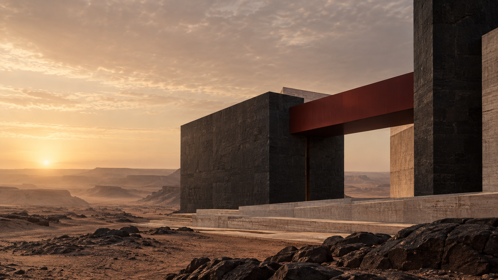 Conceptual monumental Saudi architecture in basalt, limestone and red metal