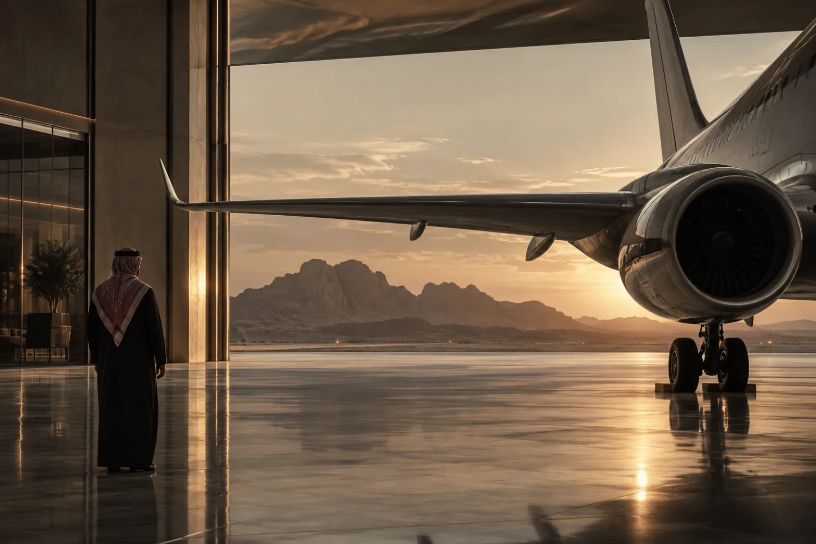 Modern Saudi aviation hangar and aircraft